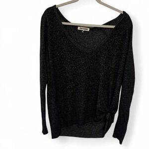 Joah Brown Womens V-Neck Long Sleeve Side Knot Metallic Knit Top Charcoal Grey